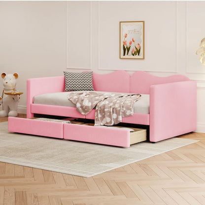 Kinderbed - Slaapbank met 2-laden - Teddybeerbedframe - Multifunctioneel Zacht -  Bed Met Rugleuning en Armleuningen -  90*200 cm - Roze  Jeugdbed -  (Ween matras)