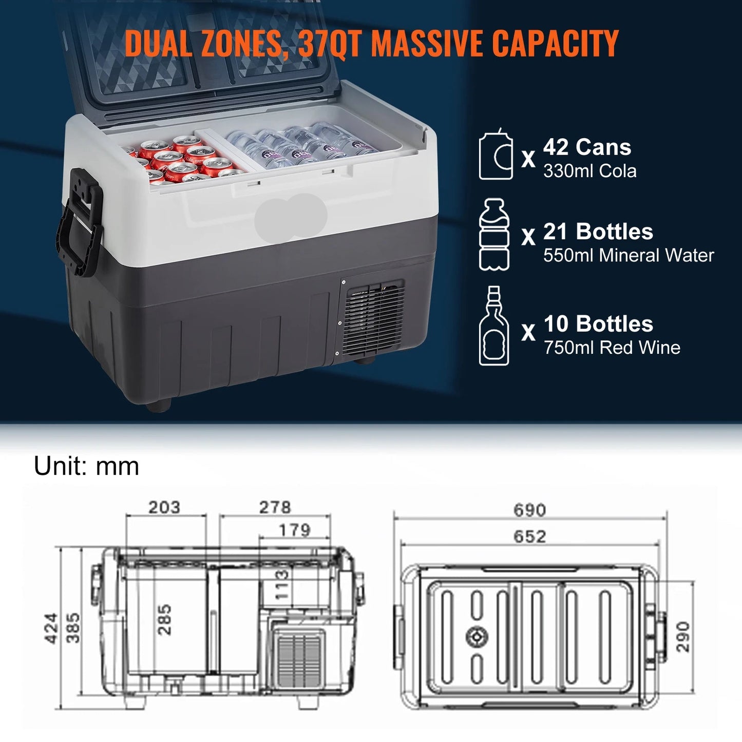 Auto Koelbox - Koelbox - Camping Koelkast - Compressor Koelkast - met Wielen - Draagbare - 12V/24V - 35L - Dual Zone - -20°C tot +10°C - voor Binnen - en Buitenevenementen