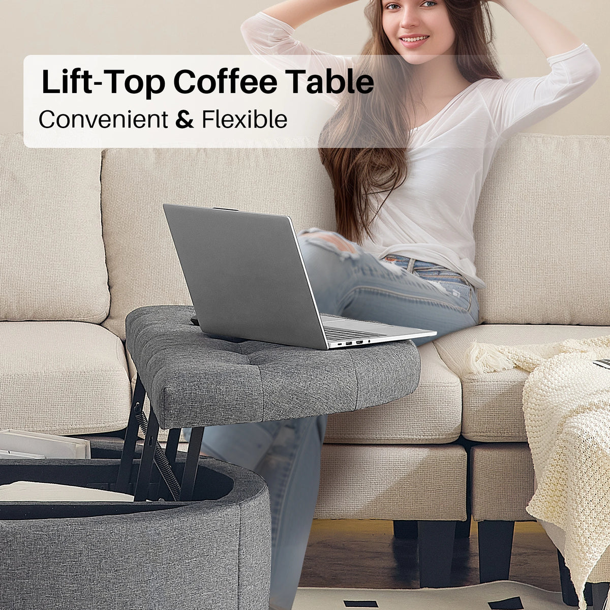Koffietafel - Table - Coffe table - Living Room Table - Ronde Opbergpoef van 35 inch - Moderne gecapitonneerde salontafel met klep - Gestoffeerde Voetenbank voor Woonkamer en Slaapkamer - Grijs