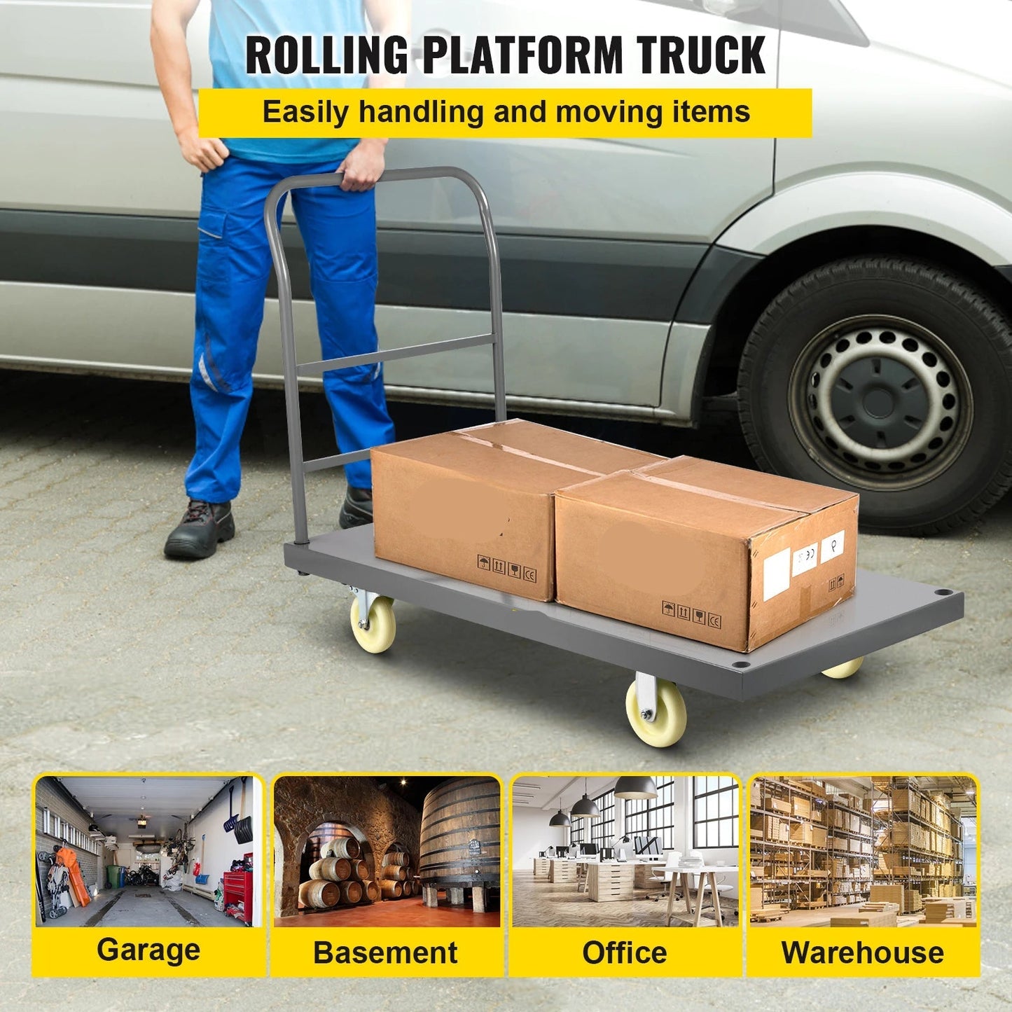 Platformwagen – Plateauwagen – Transportwagen – Magazijnwagen – Steekwagen – 907 Kg Draagvermogen – Stalen Plateau - QUORE
