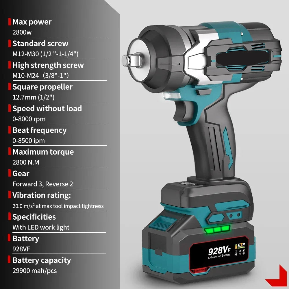 Slagmoersleutel - met Accu - Slagschroevendraaier - Brushless - Elektrische - Torque - 1800Nm - Draadloze - 1/2 Inch - 18V Batterij - Handgereedschap - 2 Accu met Kunststof Doos