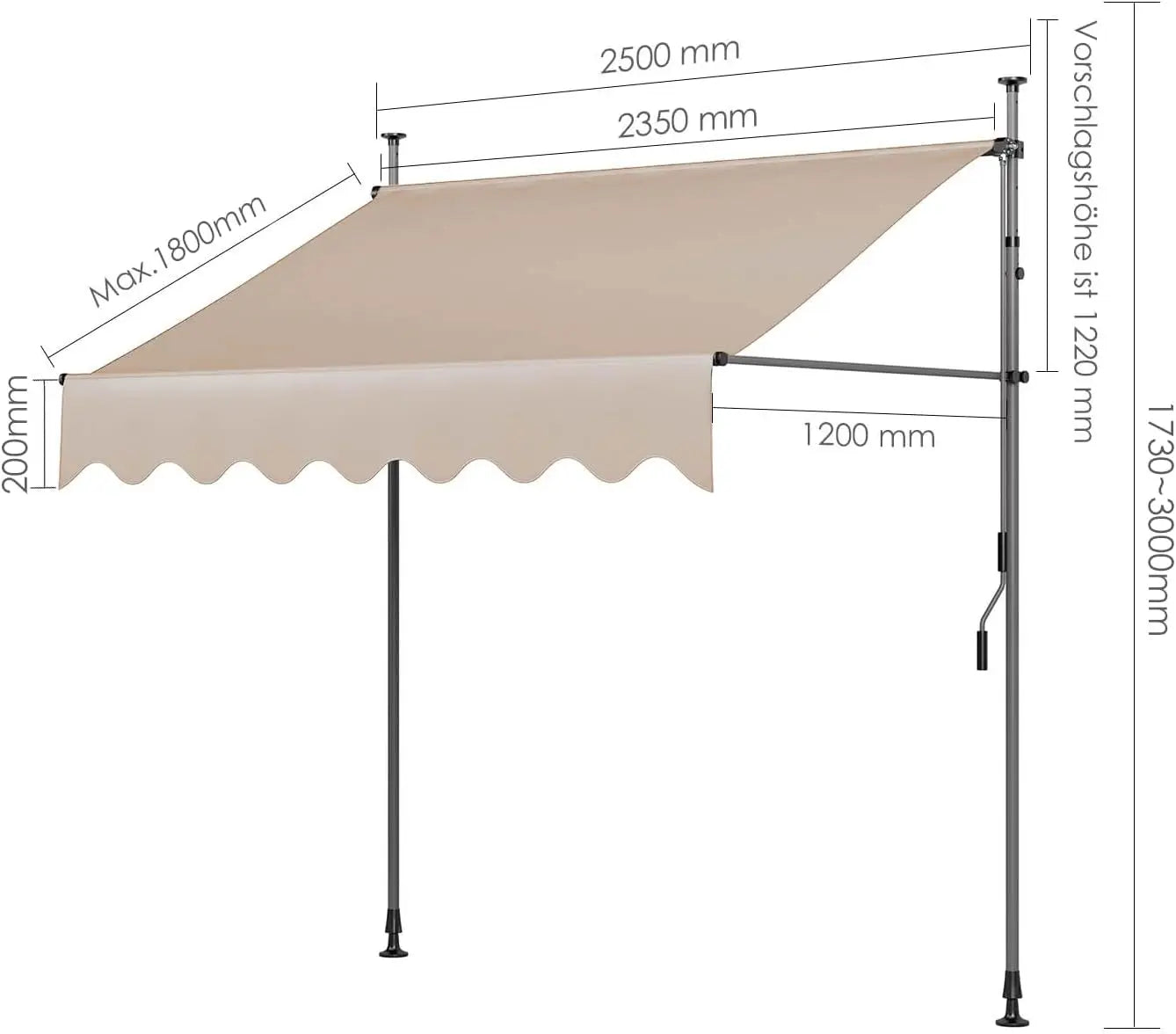 Klemluifel - Zonneluifel - Balkonluifel - Terras-luifel - UV- en Waterbestendig - Aluminium Frame - Handzwengel - Buiten - 250x120 cm- voor Balkon - Tuin - en Terras - Khaki