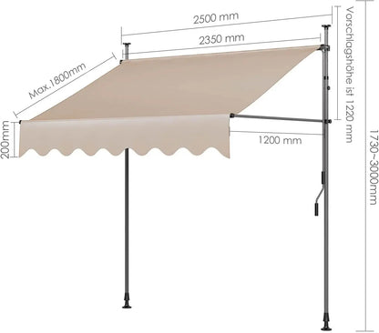Klemluifel - Zonneluifel - Balkonluifel - Terras-luifel - UV- en Waterbestendig - Aluminium Frame - Handzwengel - Buiten - 250x120 cm- voor Balkon - Tuin - en Terras - Khaki