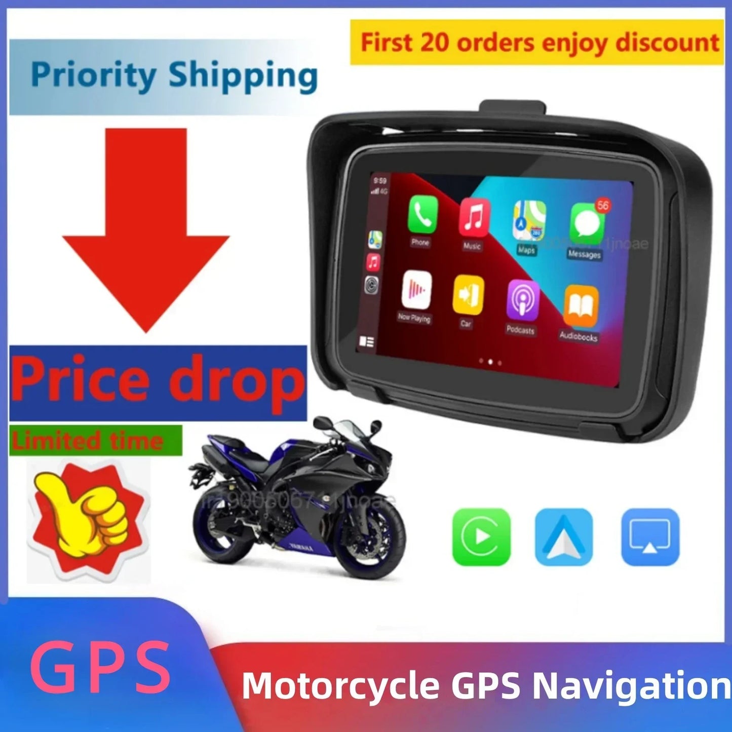 5 Inch Portable GPS Navigation Motorcycle Waterproof Carplay Display Motorcycle Wireless Android Auto IPX7 GPS Screen Apple