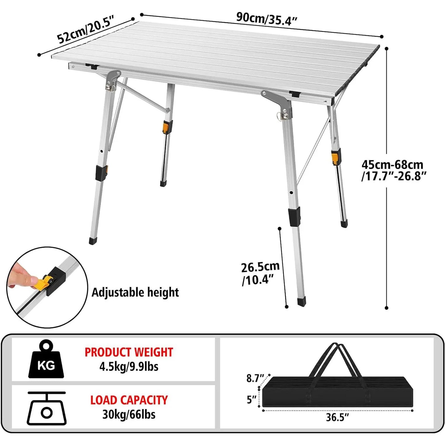Campingtafel - Opvouwbaar - Picknick - Draagbare - Vouwtafel Buiten - Inklapbare - Aluminium - met Opbergrek - Stalen Frame - Lichtgewicht - Weerbestendig - Tuin - Balkon - 90x53 cm - Wit