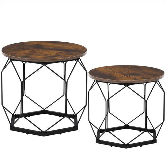 2 Piece Round Coffee Table Set - Side Tables with Storage - Wooden Top &amp; Hollow Metal Frame - Living Room &amp; Bedroom - Brown