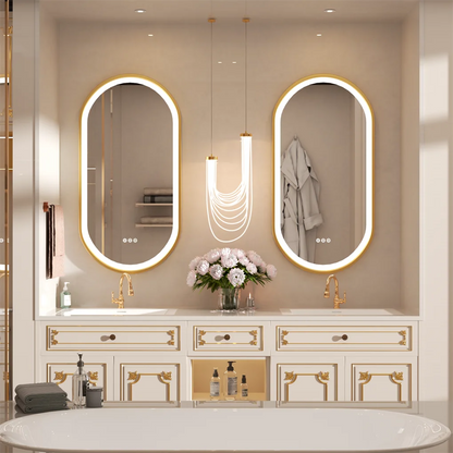 Badkamer Spiegel - Ovalen LED - Wandspiegel - Gouden Aluminium Frame - met Demister Pad - 3 Lichteffecten - 80x50CM
