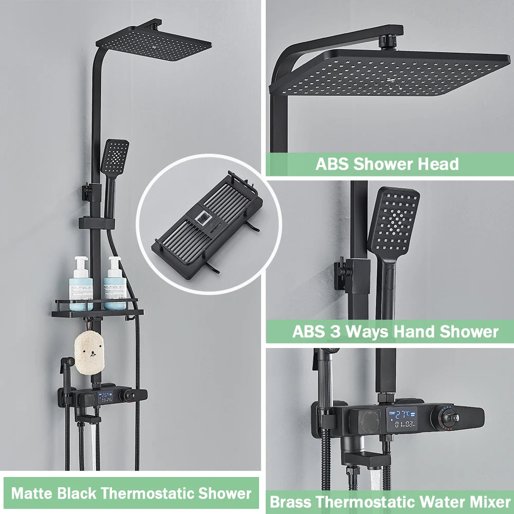 Douchekraan - Douchepaneel - Douche - Regendouches - Regendoucheset met Display, 4-Wegs Systeem, Plank & Bidetfunctie - Digitale Thermostatische - Zwarte