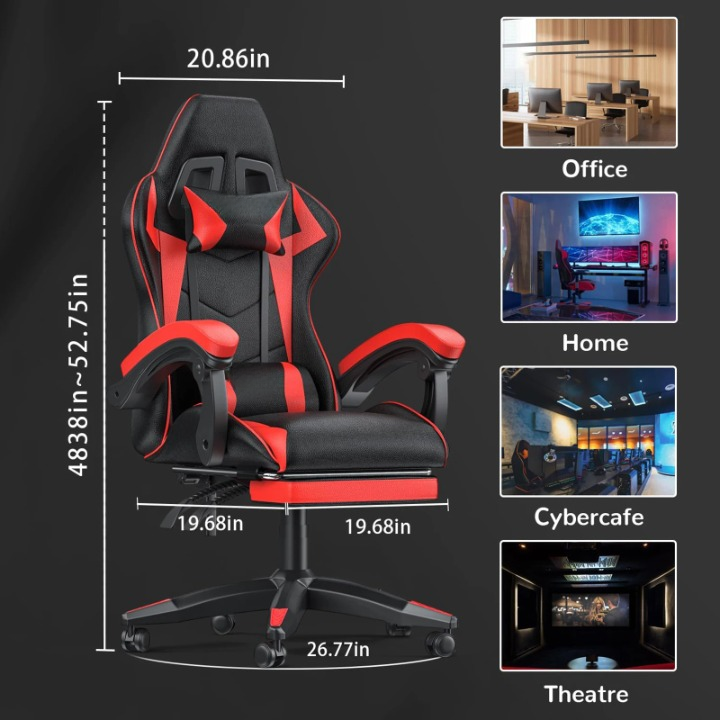 Gaming Stoel - Bureaustoel - Swivel Stoel - met Voetsteun - Hoofdsteun - Verstelbare - Rugleuning - Lendenkussen - Ergonomische - Draaibare - 68 x 50 x 122-144 cm - Rood