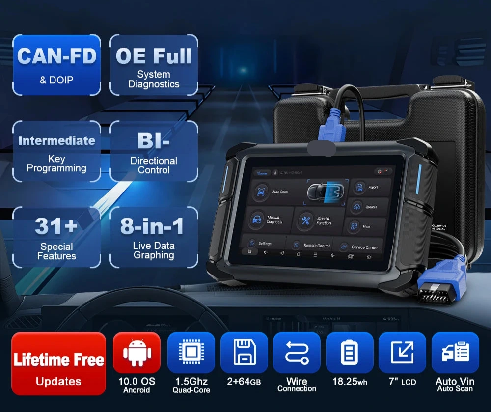 Auto Diagnosetool – OBD Scanner – Foutcode Lezer – Vehicle Tester – 7 Inch Touchscreen – Key Programming – 34+ Onderhoudsdiensten