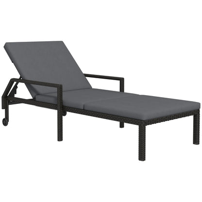 Rattan Lounger met Verstelbare Rugleuning - Handgeweven PE Rattan en Metalen Frame - Met Wielen - 5 Posities - 73x200x48 cm - Donkergrijs