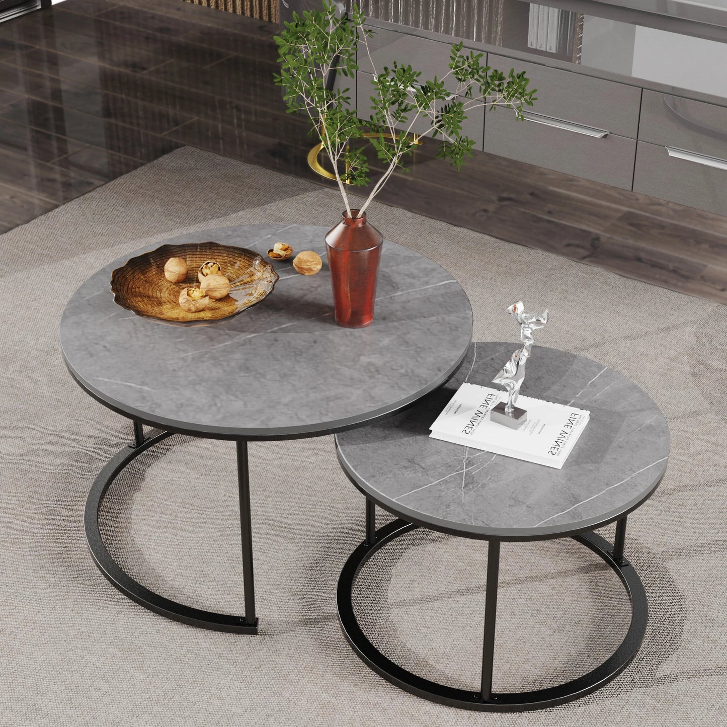 Salontafel - Tafel - Koffietafel - Dining Table - Set van 2 - Natuurlijke Marmeren Nesttafels in Donkergrijs met Metalen Poten - Rond - QUORE