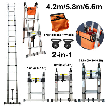 Telescopische Aluminium Ladder – Uitschuifbare Ladder – A-Frame Trap – Inklapbare Ladder – Compacte Ladder – Lichtgewicht 6063 Aluminium – Maximaal 150 Kg Belastbaar - 2,1m Plus 2,1m