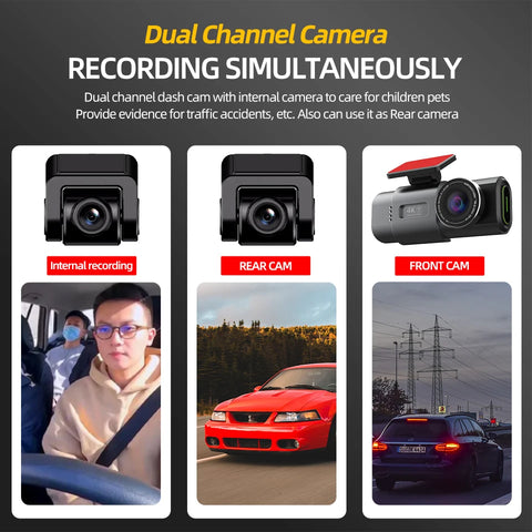 Dashcam voor Auto - 4K Dashcam - Dual Lens - 170° Groothoek - GPS - WiFi - Nachtvisie - 24H Parkeermodus - G-Sensor - 128GB Geheugenkaart inbegrepen - Alleen 4K Dashcam - Zwart