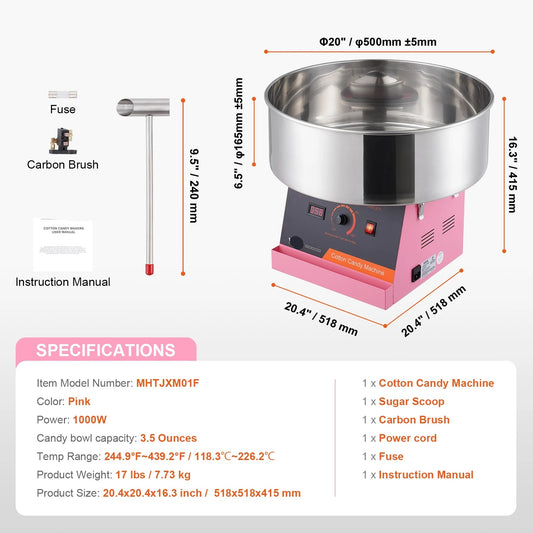 Suikerspinmachine Elektrisch - Suikerspinmachines - Mini Suikerspin - Suikerspinmaker - 1000W - RVS Kom - Instelbare Temperatuur - Suikerschep Inclusief – Voor Feest - Kermis & Evenementen - Roze - QUORE