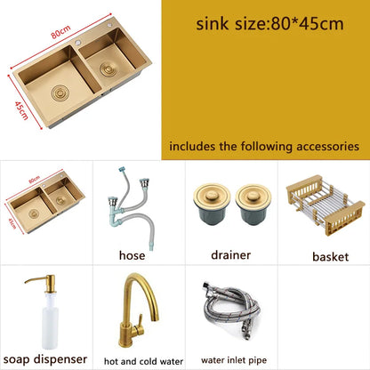Keukenspoelbak – Spoelbakken – Gootsteen – Wasbak – Dubbele Spoelbak – Gouden Afwerking – 80x45 cm – 304 Roestvrij Staal
