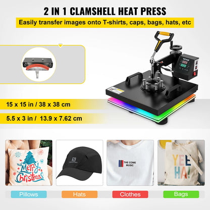 Professionele Heat Press – Warmtepers – Transferpers – T-Shirt Pers – Pettenpers – 15 X 15 Inch Persplaat – Digitale Timer & Temperatuur - QUORE