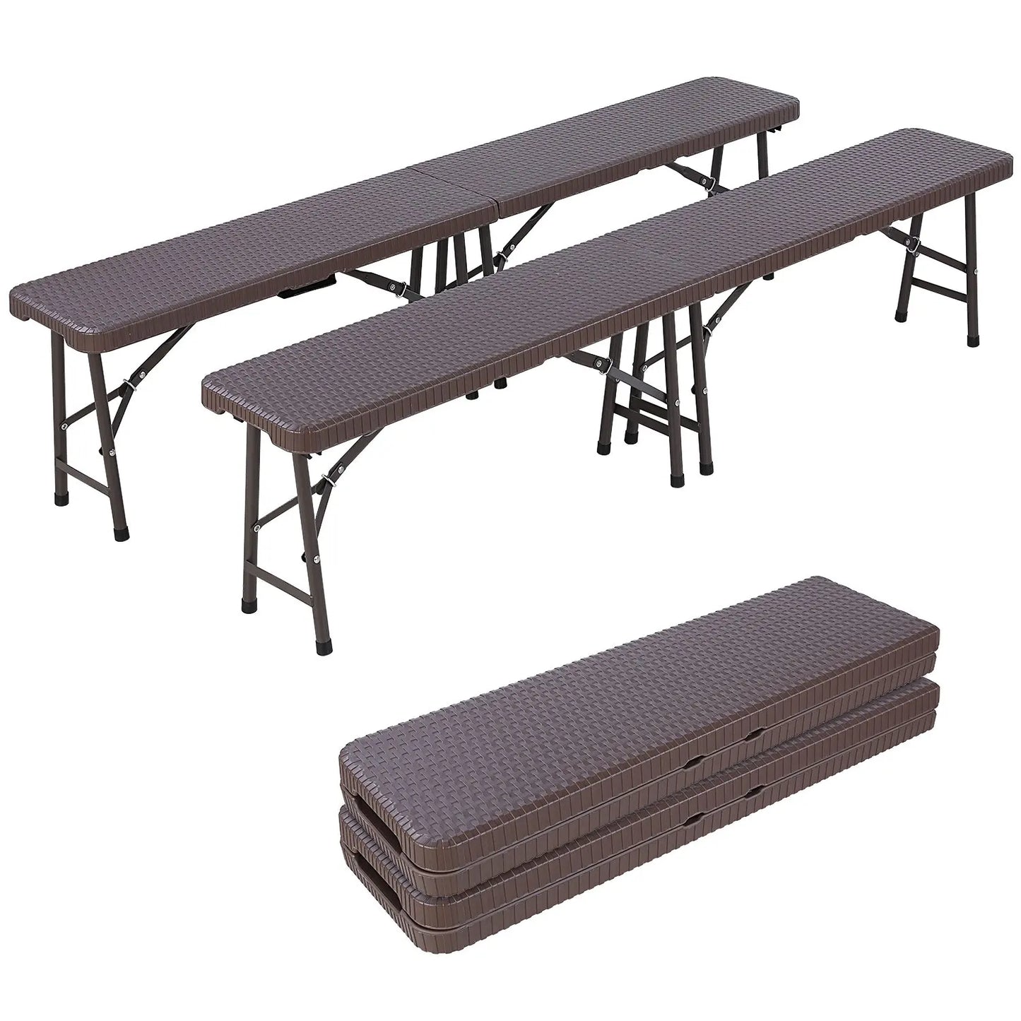 Inklapbare Tafel En Banken – Campingset – Buitenmeubel – Picknicktafel – Feestset – Rattan Look – Hoog Draagvermogen