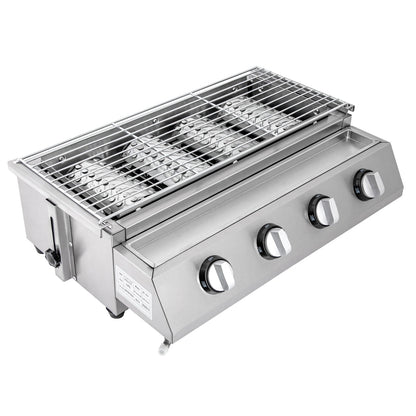 Gasbarbecue - BBQ-grill - Rookloze Barbecue - met 4 Individuele Branders - Hoogte Verstelbaar - Hoogwaardig materiaal - Snelle verwarming - Groot kookoppervlak - Eenvoudig schoon te maken - RVS - 58 x 40 x 20 cm -Zilver