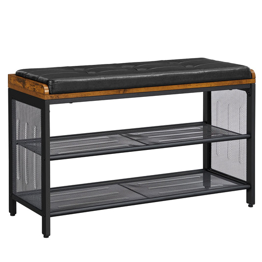 Schoenenbank Met Zitkussen - Schoenenrek - Halbank - Bank - 80 cm x 30 cm x 48 cm - Zwart/Donkerbruin - QUORE