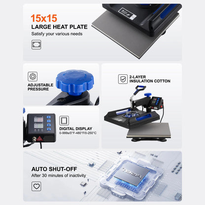 5-in-1 Warmtepers – Hittepers – Textielpers – Transferpers – T-shirtpers – 15x15inch Persoppervlak – Digitale Temperatuurregeling - Blauw