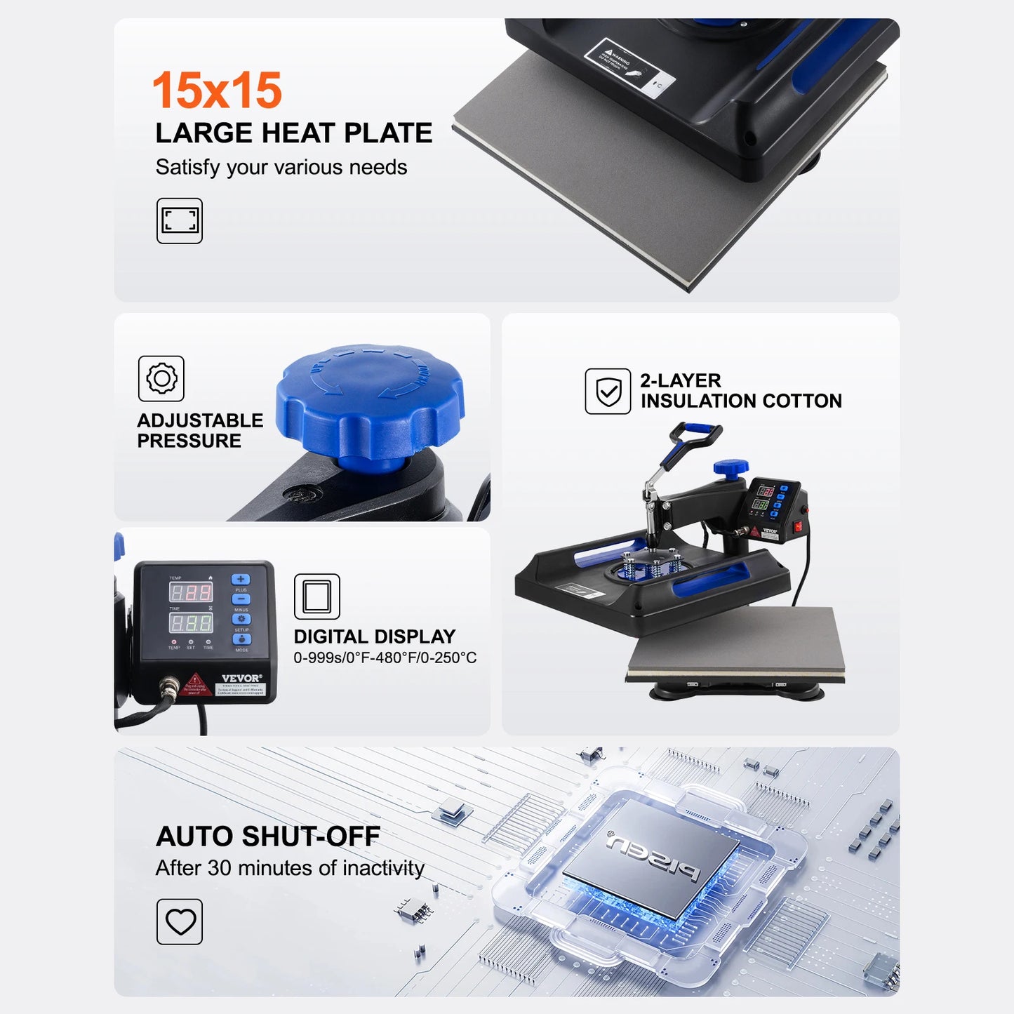 Warmtepers – Transferpers – T-shirt Pers – Sublimatiepers – Textielpers – 8-in-1 Multifunctioneel – 15x15 cm Werkoppervlak – 360° Zwenkarm & Digitale Timer