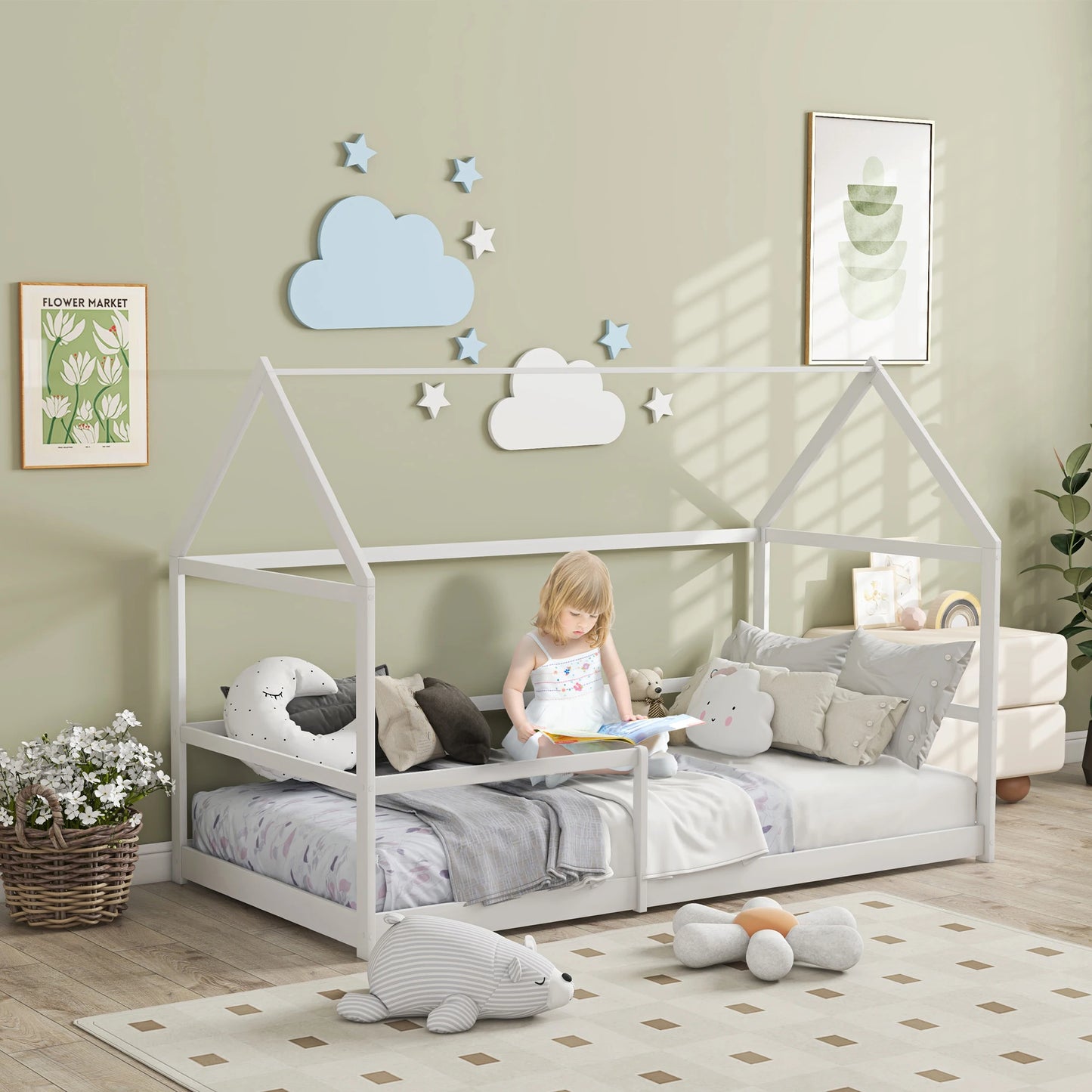 Kinderbed – Huisvormig Bed – Speels Bed – Kinderbed Met Spijlen – Laag Instap Bed – Massief Dennenhout – Geschikt Voor Matras 190x90 cm