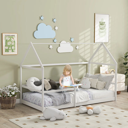 Kinderbed – Huisvormig Bed – Speels Bed – Kinderbed Met Spijlen – Laag Instap Bed – Massief Dennenhout – Geschikt Voor Matras 190x90 cm