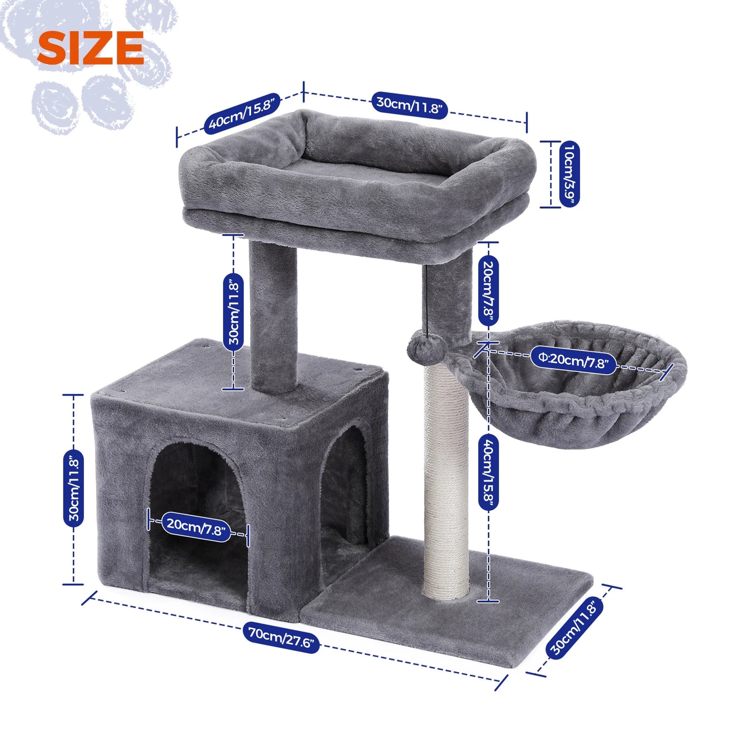 Krabpaal - voor Katten – Kattenboom - met Sisalpalen - Diepe Hangmat - Kattenhuis - Uitkijkplateau – Compact Kattenmeubel - voor Kleine Katten - Kittens - Grijs