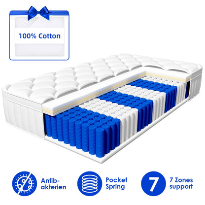 Pocketveringmatras – 7-Zones Matras – Springmatras – Bedmatras – Hybride Matras – 140x200 cm – 25 cm Dikte – Ademend & Medium Stevig