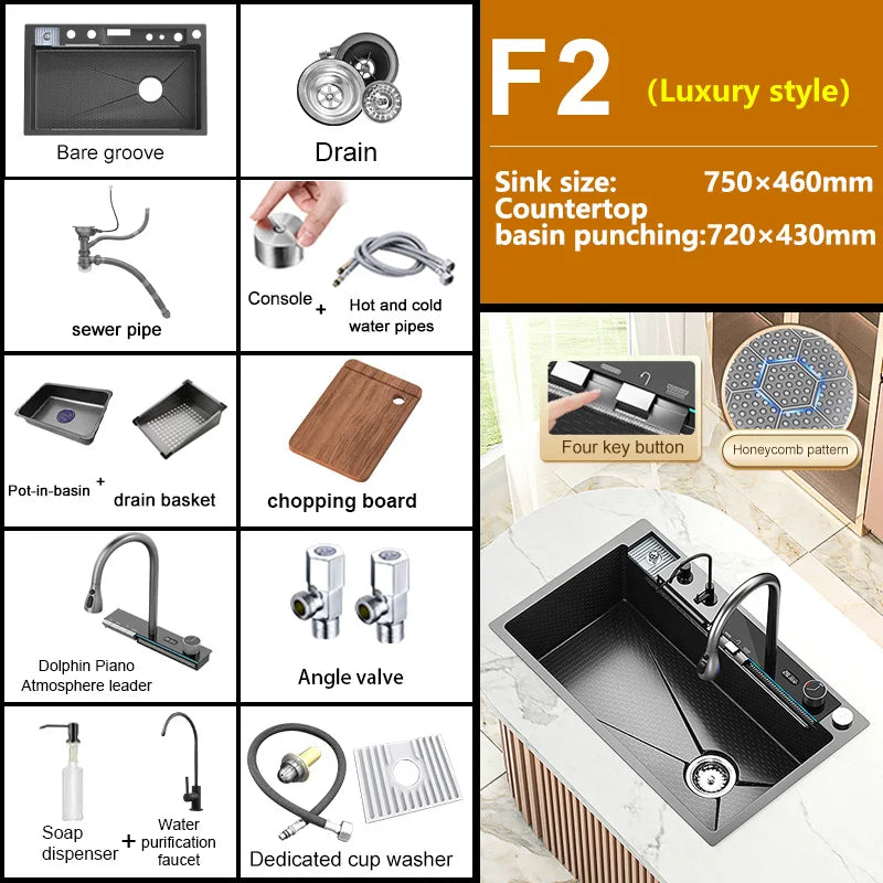 New Waterfall Kitchen Sink Stainless Steel Multi-function Large Single Slot Integrated Digital Display Wash Basin