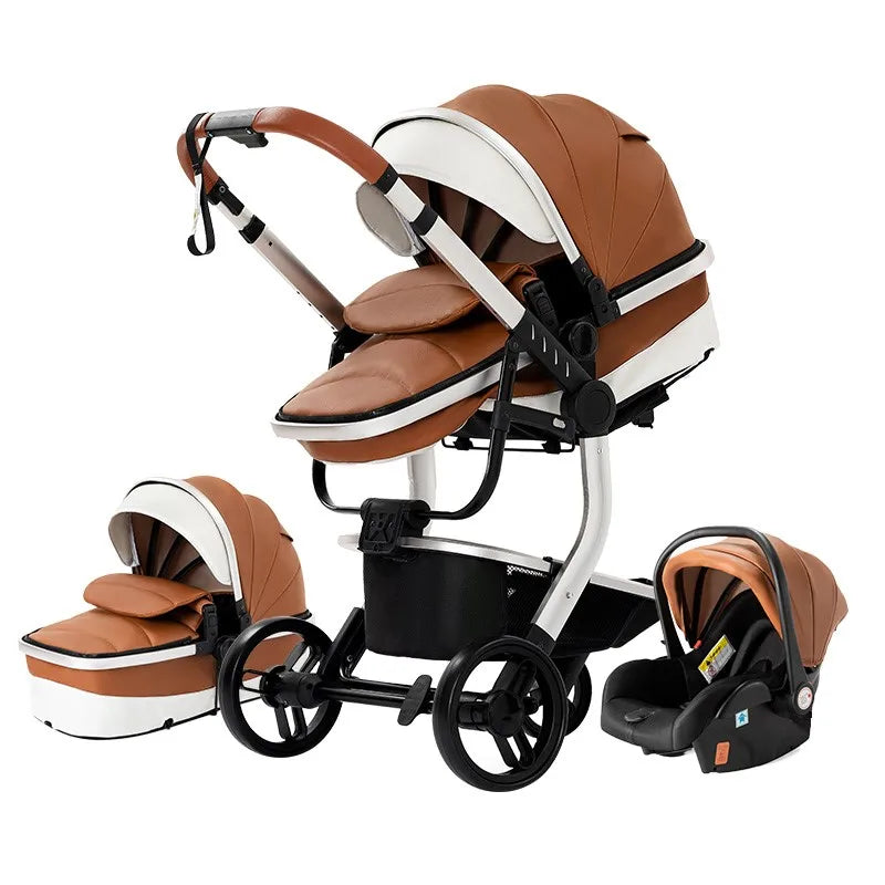 3-in-1 Opvouwbare Kinderwagen - Babywagen - Poussette - Buggy - Pram - Wandelwagen - PU Leren Bekleding – Inclusief Autostoel – Lichtgewicht & Multifunctioneel – Khaki