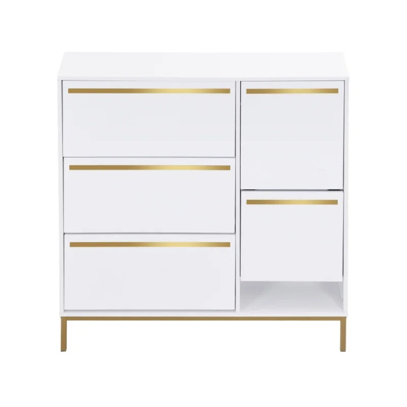 Schoenenkast – Schoenenopslag – Schoenenrek – Schoenenbank – Schoenenmeubel – 15 Tot 22 Paar – MDF Met Gouden Accenten - 105 × 115.5 × 25 cm - Wit - QUORE