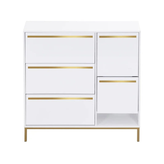 Schoenenkast – Schoenenopslag – Schoenenrek – Schoenenbank – Schoenenmeubel – 15 Tot 22 Paar – MDF Met Gouden Accenten - 105 × 115.5 × 25 cm - Wit - QUORE