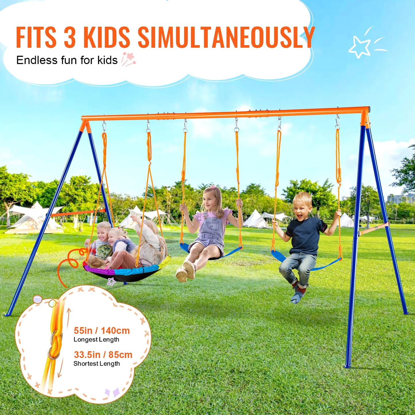 Kinderschommel - Schommel - Outdoor Schommel - 3-in-1 - Metalen A-Frame Schommel - Tuinspeelgoed - Voor 3-6 Jaar - Tot 272 kg - 2 Personen