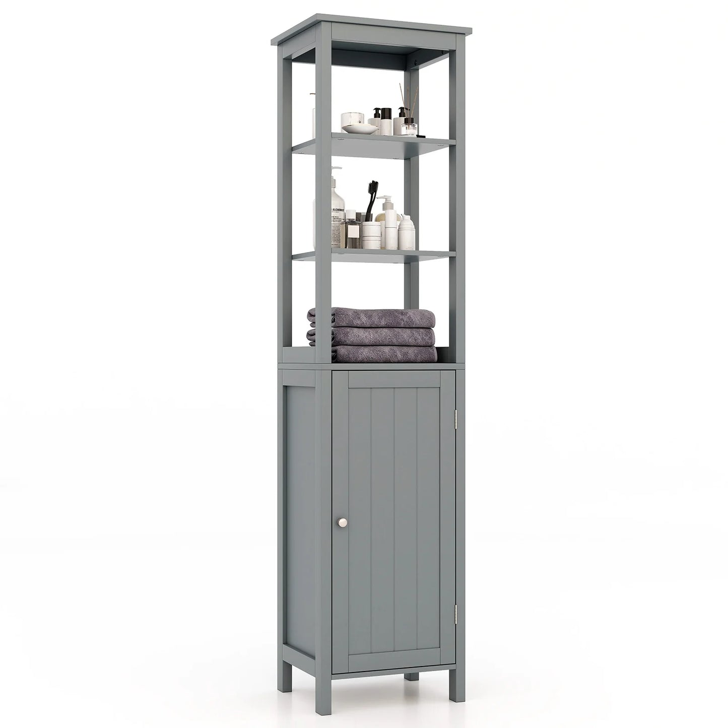 Hoge Kast met 5 Niveaus – Smalle Vrijstaande Badkamerkast met Verstelbare Planken & Deuren – Opbergkast voor Woonkamer of Badkamer – 40 x 32 x 160 cm – Grijs
