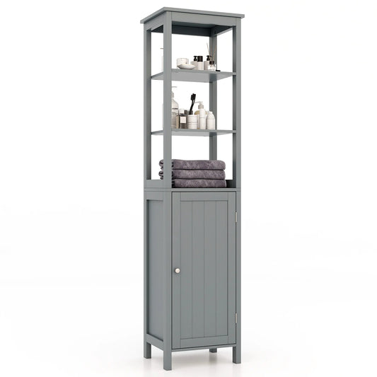 Hoge Kast met 5 Niveaus – Smalle Vrijstaande Badkamerkast met Verstelbare Planken & Deuren – Opbergkast voor Woonkamer of Badkamer – 40 x 32 x 160 cm – Grijs