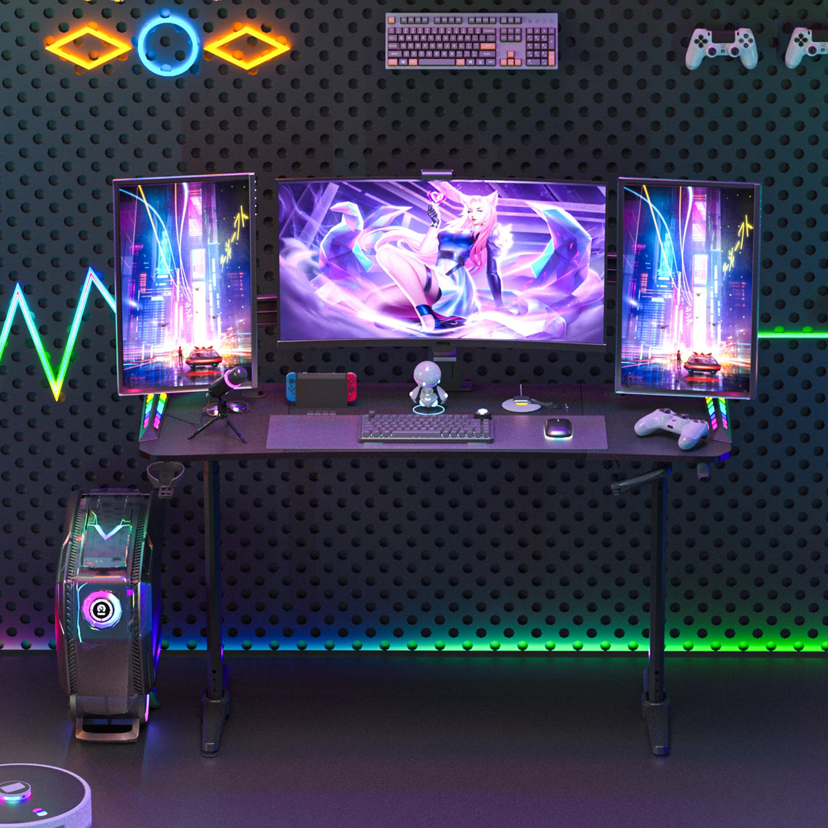 Groot Laptop Computer Bureau - Gaming en Thuiskantoor - met RGB LED Verlichting - Hoogte Verstelbaar - 160x60.5x120cm - Rechthoekig Staand Bureau - Zwart