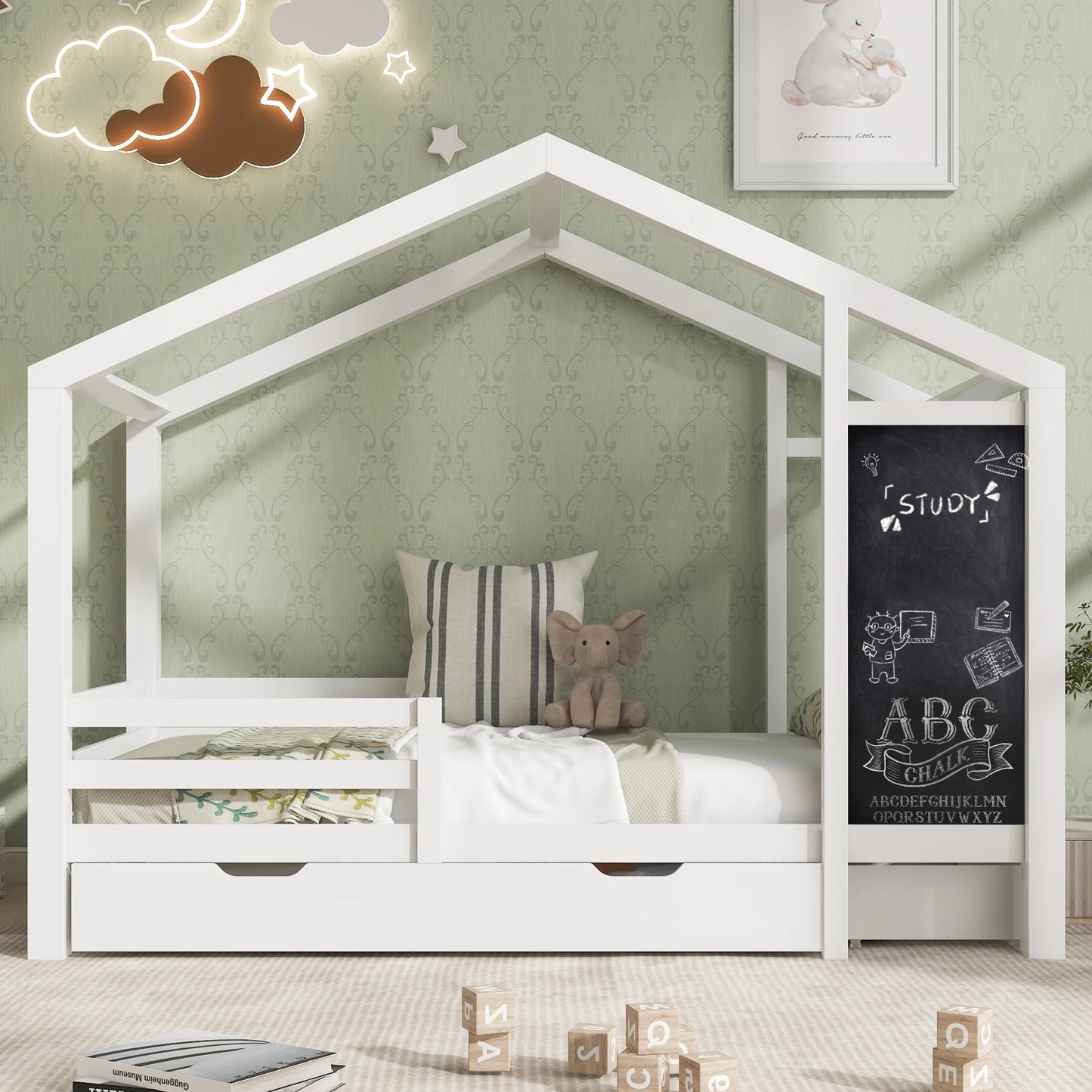 Bedhuisje Kinderen – Huisbed – Kinderbed – Peuterbed – Juniorbed – Massief Houten Frame – 90x200 cm – Met 2 Opberglades - QUORE