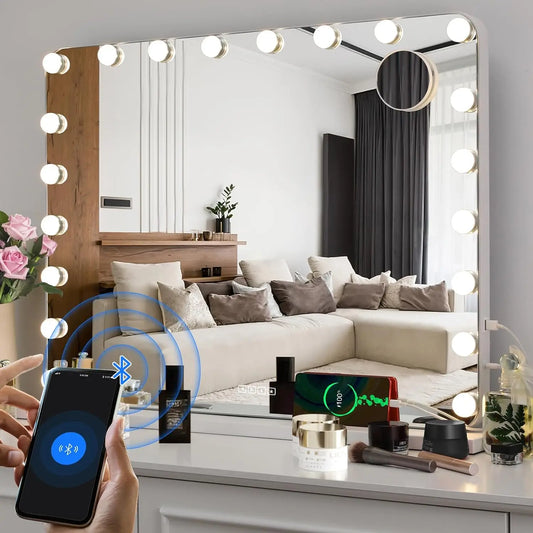 Hollywood Vanity Mirror Bluetooth Player Lights 20 Dimmable LED Bulbs,3 Color Modes Lighted Makeup Mirror with USB Charging Port
