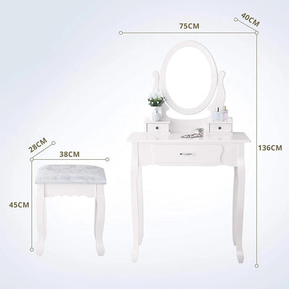 Make-uptafel – Make-up Desk – Kaptafel – Sieradentafel – Witte MDF – Verstelbare Spiegel – 3 Ruime Lades - 75 x 40 x 136 cm - Wit
