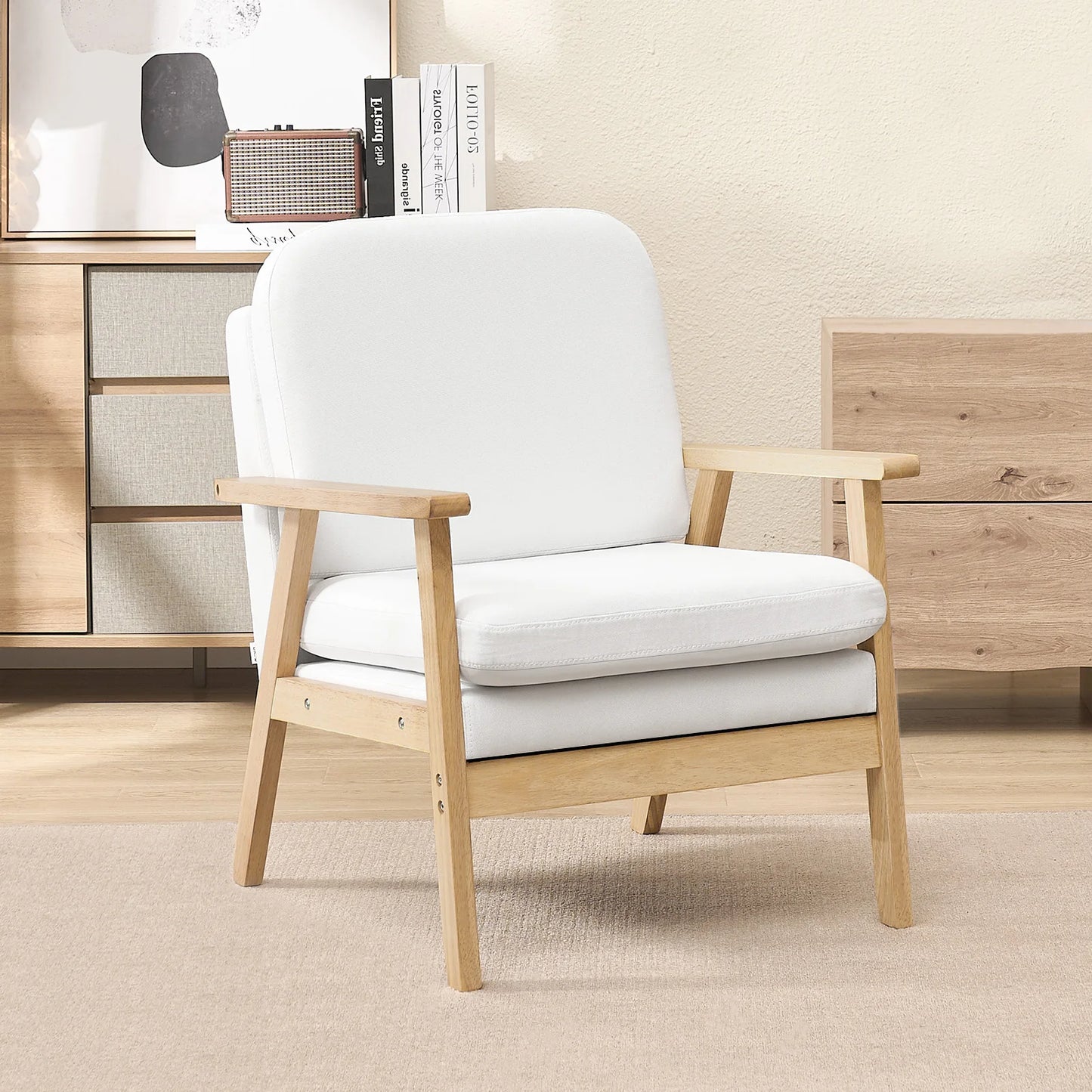Ligstoel - Tuinstoel - Lounge Fauteuil - Tuinmeubel - Ligstoelen Buiten - Binnen - met Kussen - voor Woonkamer - Slaapkamer - Thuis - Scandinavische Stijl - Sterk - Duurzam - Linnen & Massief Hout - 66.5 x 64 x 81.5 cm - Wit