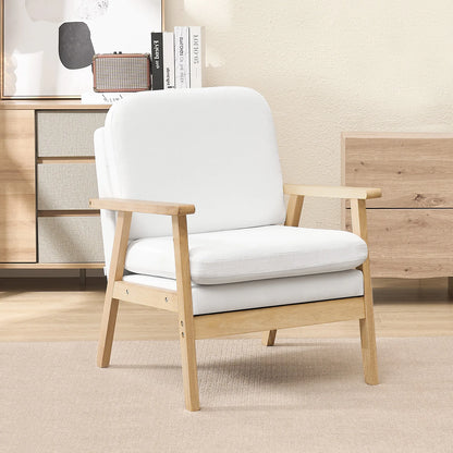 Ligstoel - Tuinstoel - Lounge Fauteuil - Tuinmeubel - Ligstoelen Buiten - Binnen - met Kussen - voor Woonkamer - Slaapkamer - Thuis - Scandinavische Stijl - Sterk - Duurzam - Linnen & Massief Hout - 66.5 x 64 x 81.5 cm - Wit