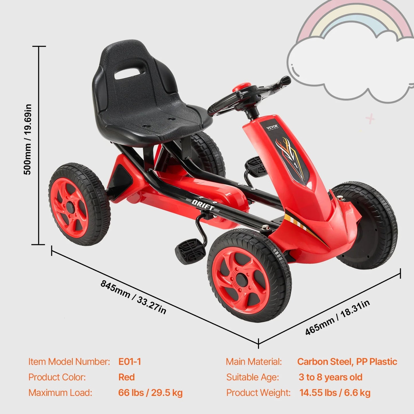 Kinder Go Kart - Skelter - Kart - 4-Wiel Off-Road - Pedal Kart - Verstelbare Zitting - voor Jongens & Meisjes - Voor Buiten - QUORE