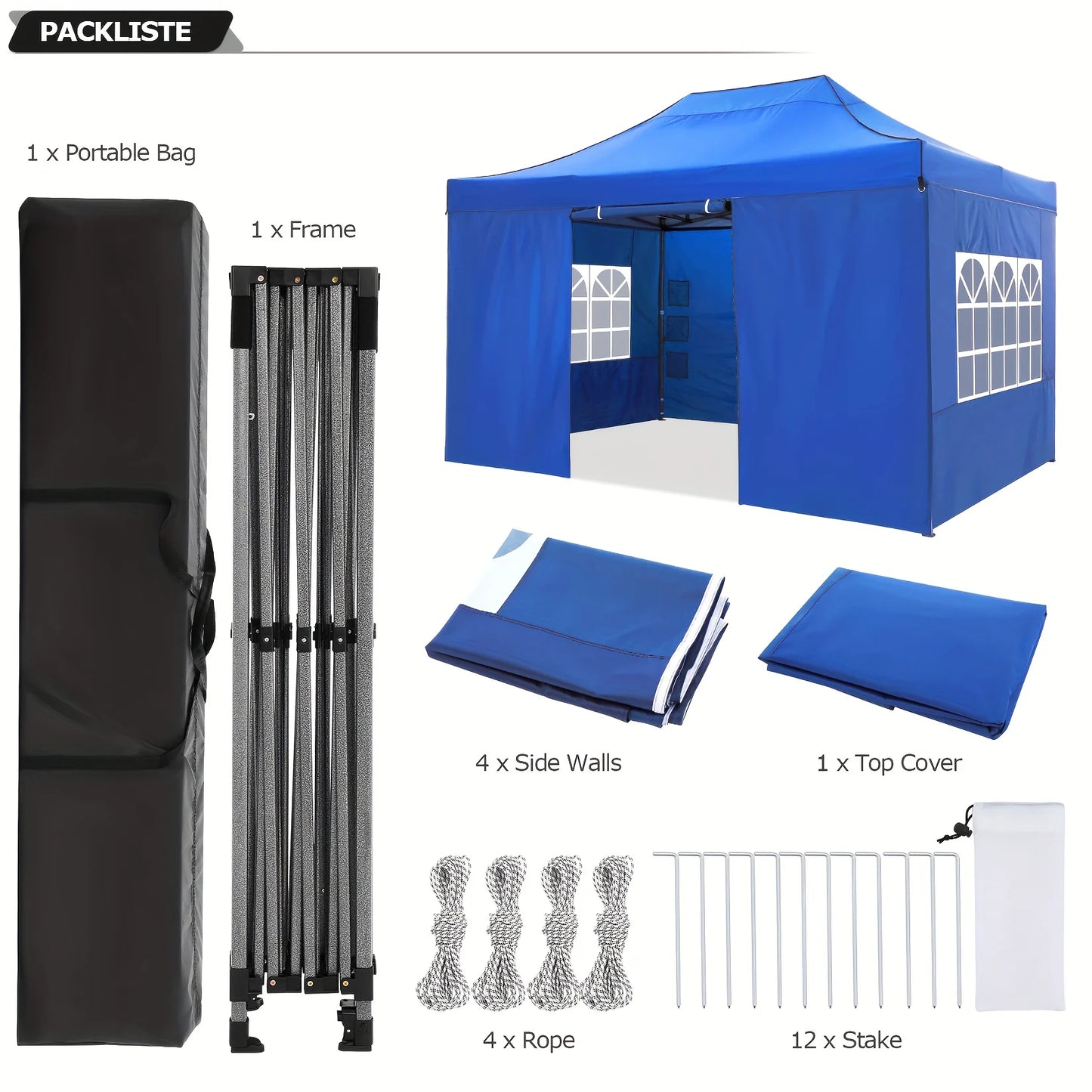 Tuinpaviljoen – Partytent – Inklapbaar Tuinhuisje – Overkapping – Beschutting – Waterdicht Polyester – Staal Frame - 3x4.5m - Blauw