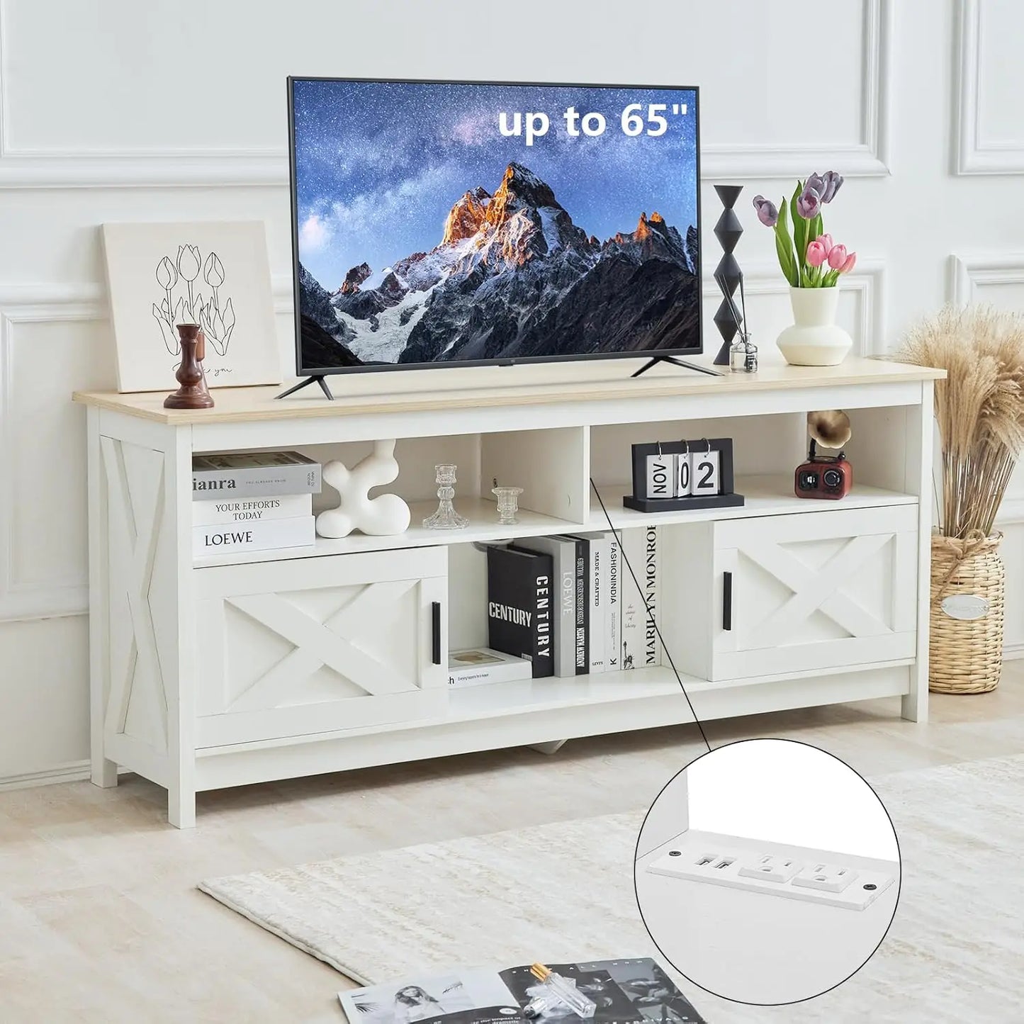 Tv-Meubel – Tv-Kast – Tv-Stand – Meubel – Draagkracht 136 Kg – Stopcontact Met Usb-Poort - 150 x 40 x 66 cm - Wit