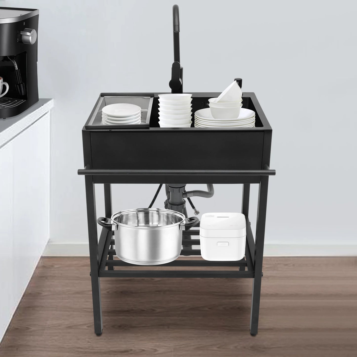 Vrijstaande Keukenspoelbak – Spoelbak, Wasbak, Keukenspoelbak, Inloopbak – Zwart, Rechthoekig – 201 Roestvrij Staal, 360° Draaibare Kraan – 60x45x86 cm, Inclusief Accessoires - QUORE