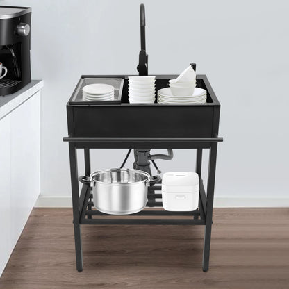 Vrijstaande Keukenspoelbak – Spoelbak, Wasbak, Keukenspoelbak, Inloopbak – Zwart, Rechthoekig – 201 Roestvrij Staal, 360° Draaibare Kraan – 60x45x86 cm, Inclusief Accessoires - QUORE