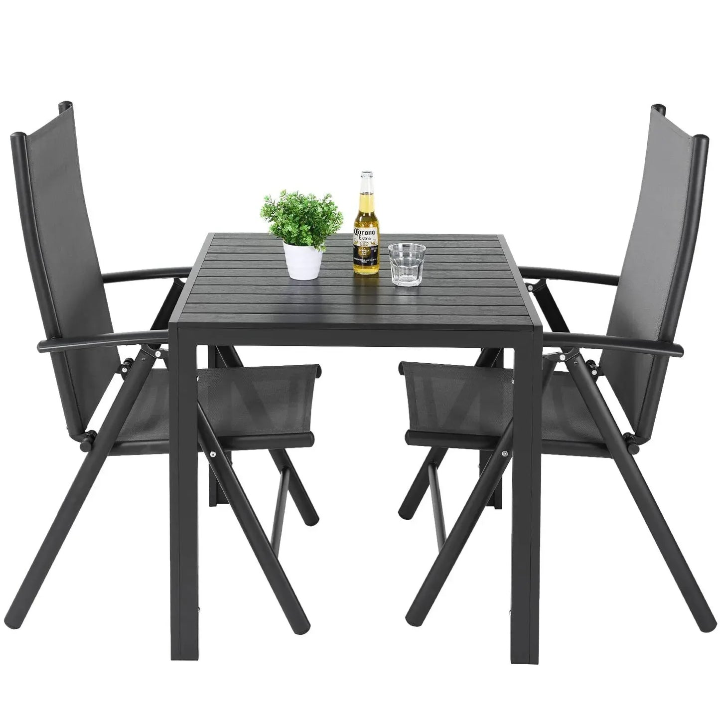 3-Delige Tuintafelset – Tuinmeubelset – Balkonset – Klapstoelset – Verstelbare Stoelen – Weerbestendig Aluminium - Zwart met Zilverkleurige Rand