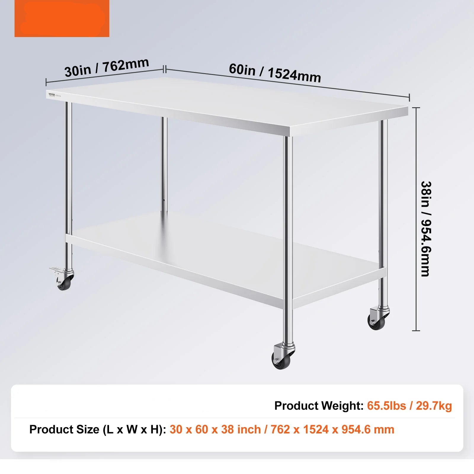 Verstelbare Werkbank – RVS Werktafel – Roestvrijstalen Tafel – Werkblad Met Wieltjes – Verstelbare Hoogte – 1524x762 mm - QUORE
